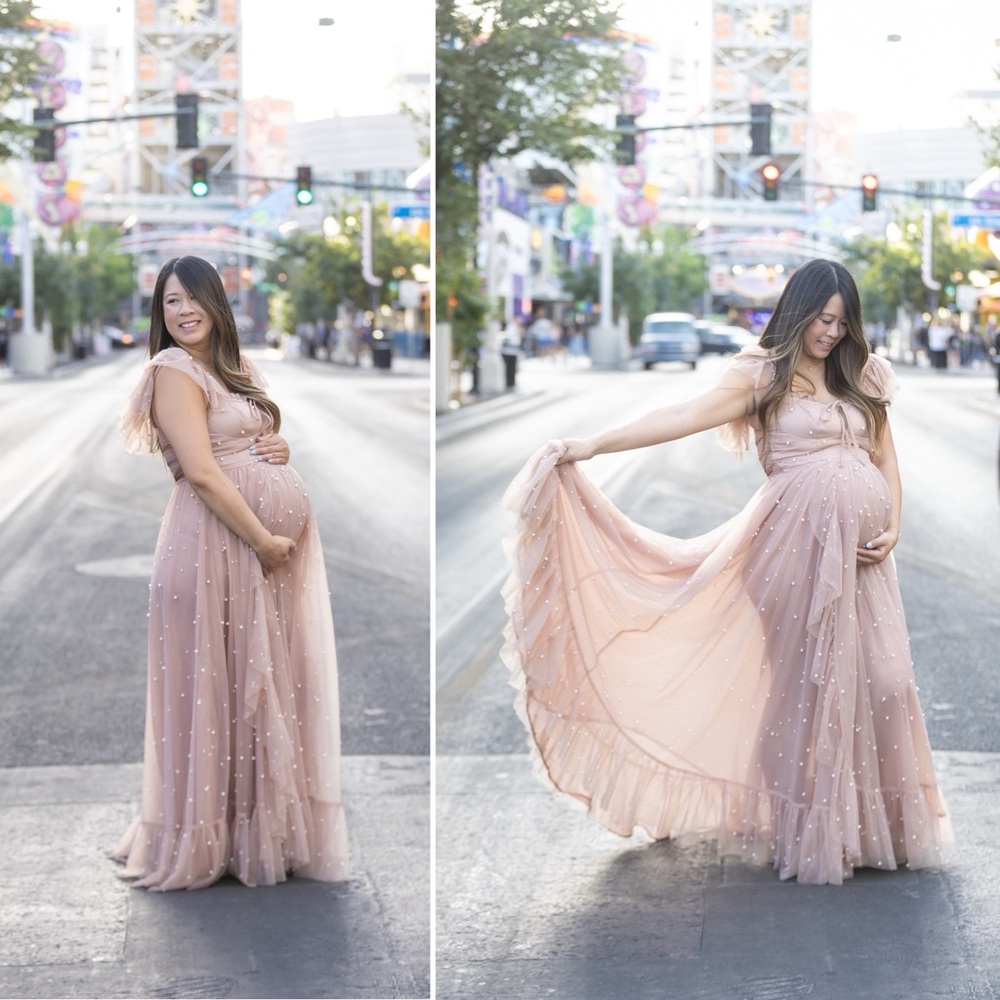Reclamation Poetry Coffee Rose Pearl maxi dress (Nude / Pink maternity friendly)